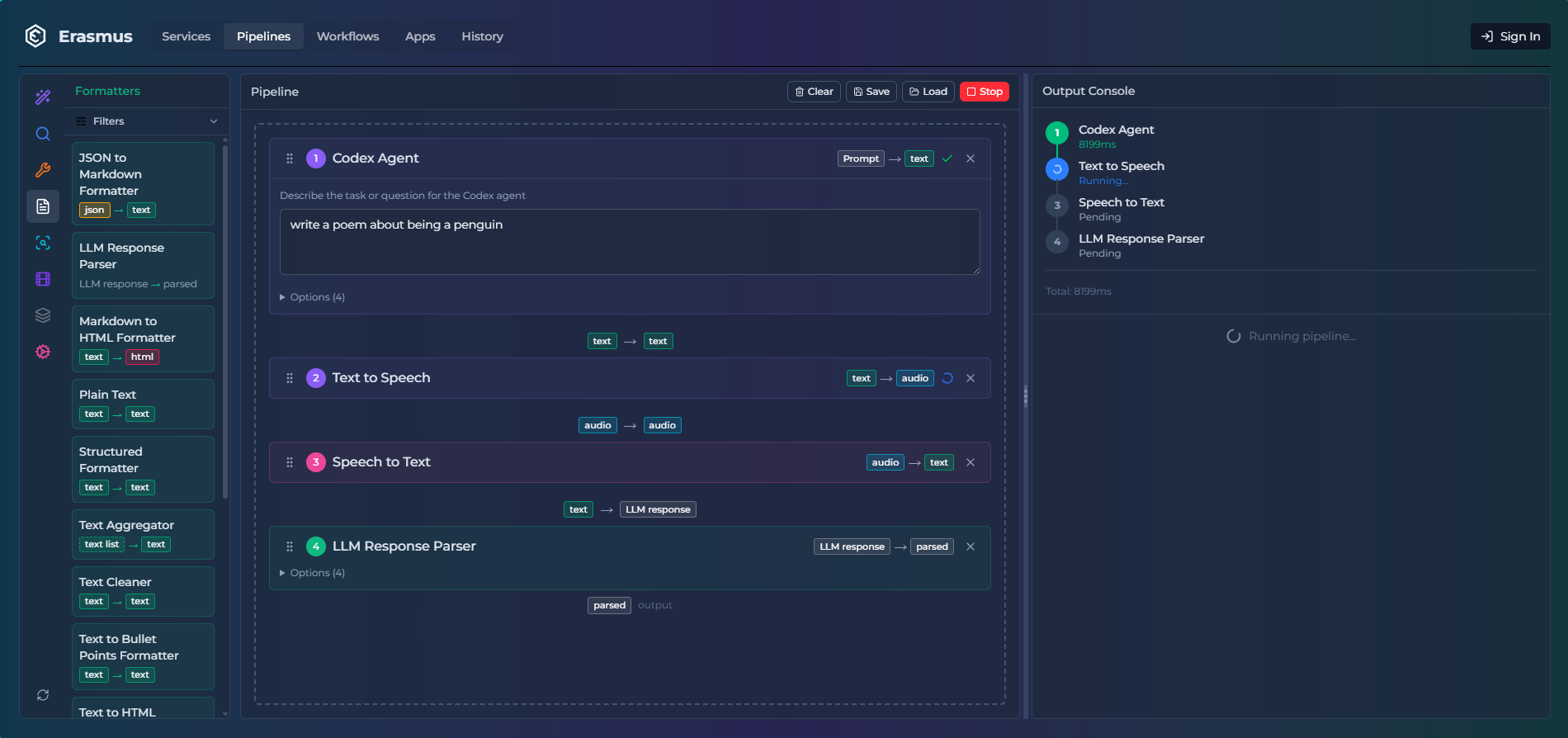 Erasmus pipeline interface showing a Codex agent, text-to-speech, speech-to-text, and model-output parser in one workflow